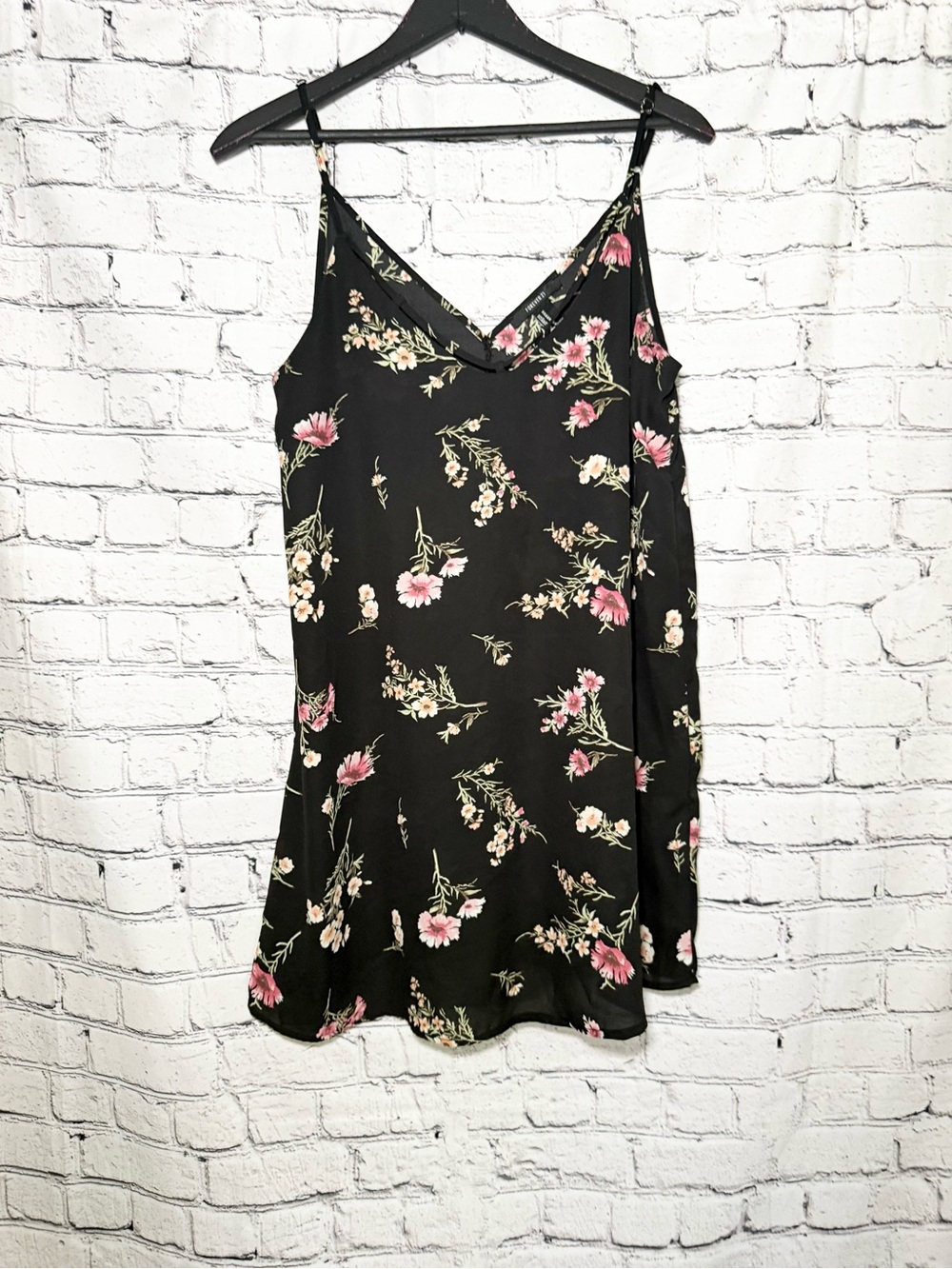Black Floral Slip Dress with Pink & Cream Blooms. Size M